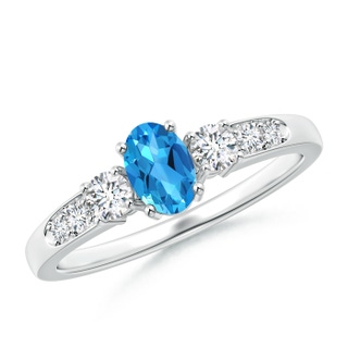 6x4mm AAAA Three Stone Swiss Blue Topaz and Diamond Ring with Accents in White Gold