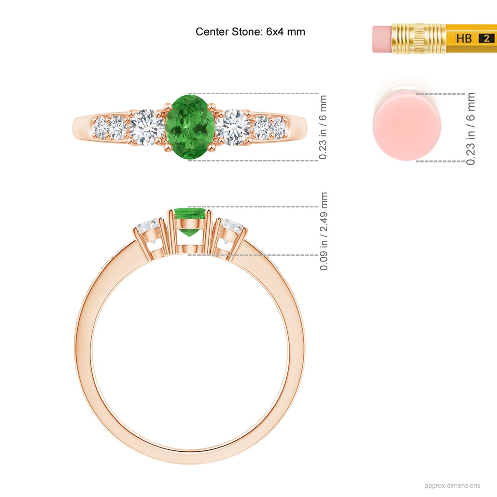 6x4mm AA Three Stone Tsavorite and Diamond Ring with Accents in Rose Gold Ruler