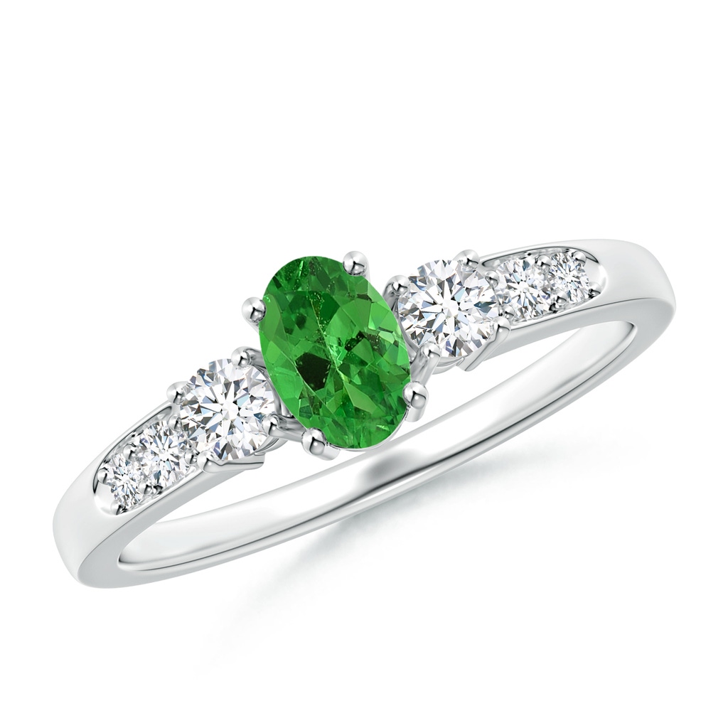 6x4mm AAA Three Stone Tsavorite and Diamond Ring with Accents in 18K White Gold