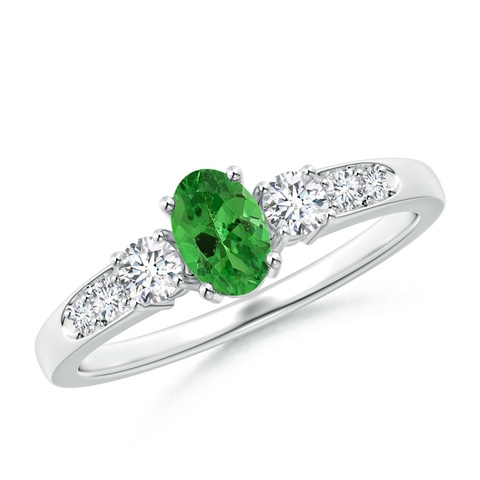 6x4mm AAA Three Stone Tsavorite and Diamond Ring with Accents in 18K White Gold