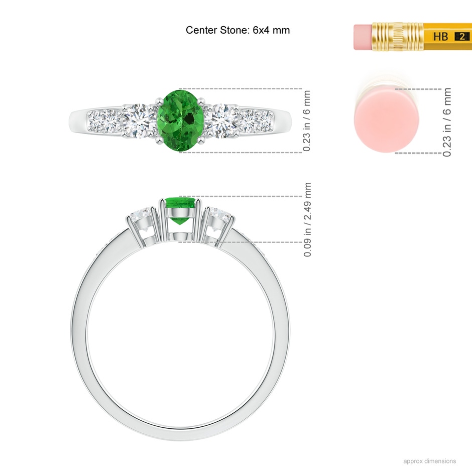 6x4mm AAA Three Stone Tsavorite and Diamond Ring with Accents in White Gold ruler