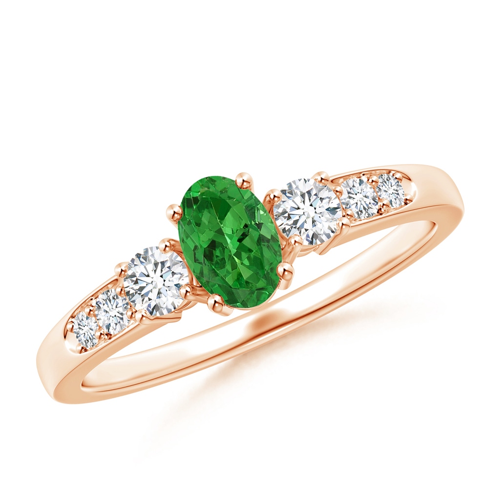 6x4mm AAAA Three Stone Tsavorite and Diamond Ring with Accents in Rose Gold