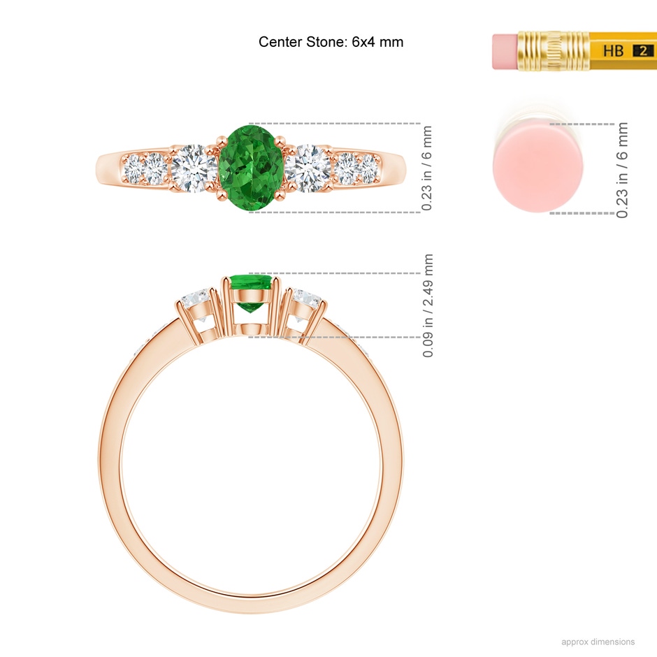 6x4mm AAAA Three Stone Tsavorite and Diamond Ring with Accents in Rose Gold ruler