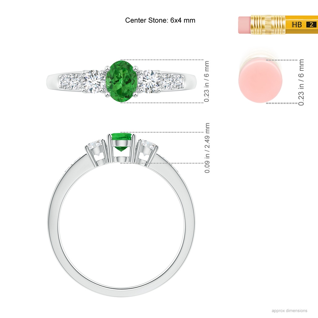 6x4mm AAAA Three Stone Tsavorite and Diamond Ring with Accents in White Gold Ruler