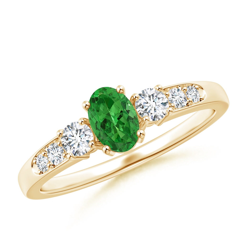 6x4mm AAAA Three Stone Tsavorite and Diamond Ring with Accents in Yellow Gold 