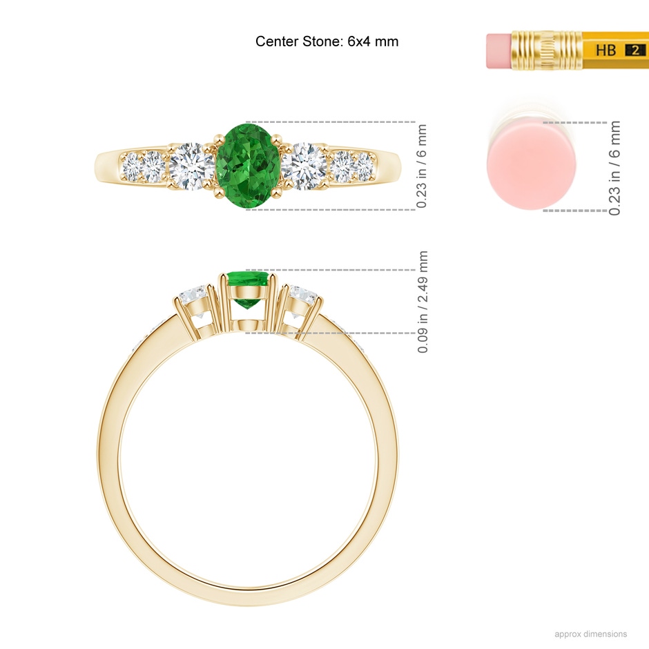 6x4mm AAAA Three Stone Tsavorite and Diamond Ring with Accents in Yellow Gold ruler
