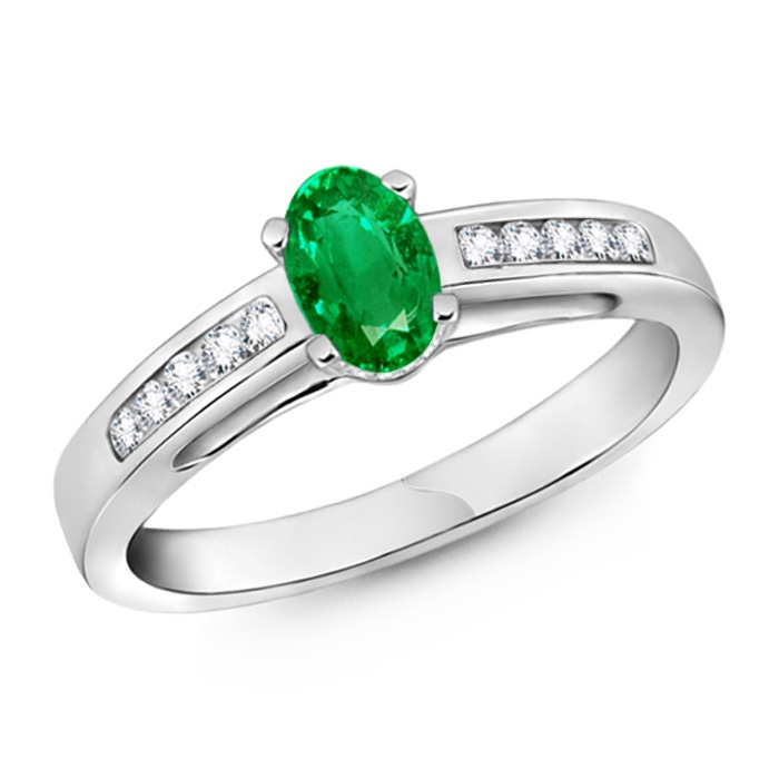 6x4mm AAA Oval Solitaire Emerald Ring with Diamonds in White Gold