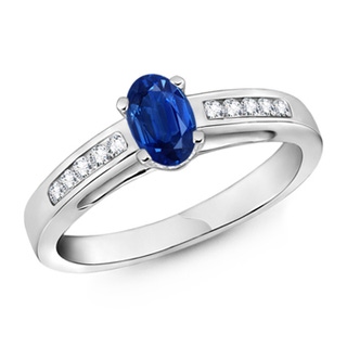 6x4mm AAA Oval Solitaire Sapphire Ring with Channel Set Diamond in 9K White Gold
