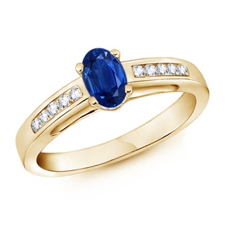 6x4mm AAA Oval Solitaire Sapphire Ring with Channel Set Diamond in Yellow Gold
