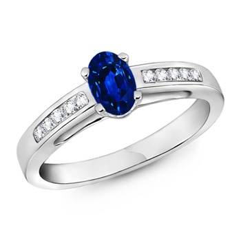 6x4mm AAAA Oval Solitaire Sapphire Ring with Channel Set Diamond in P950 Platinum