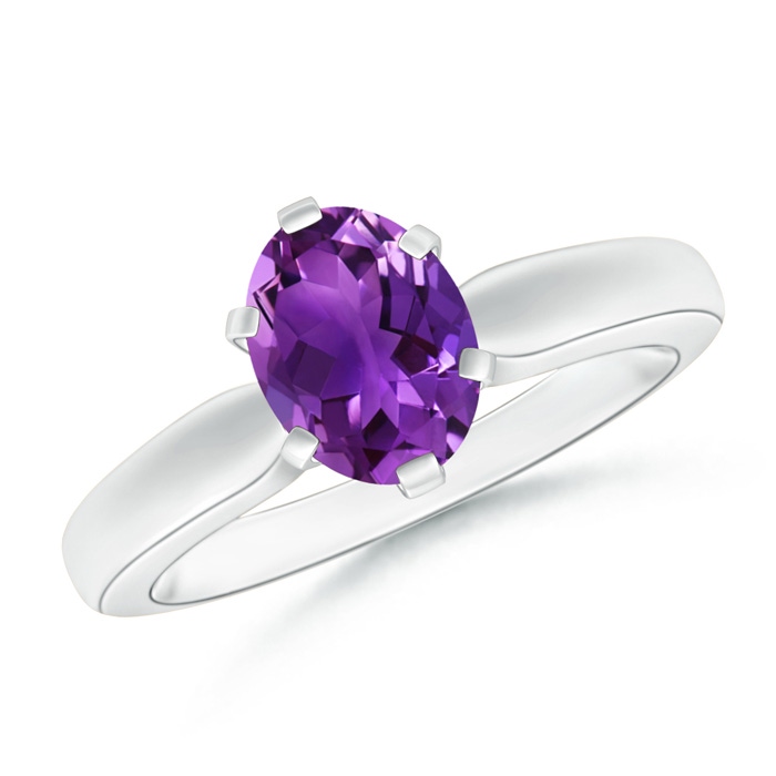 8x6mm AAAA Tapered Shank Oval Solitaire Amethyst Ring in White Gold 