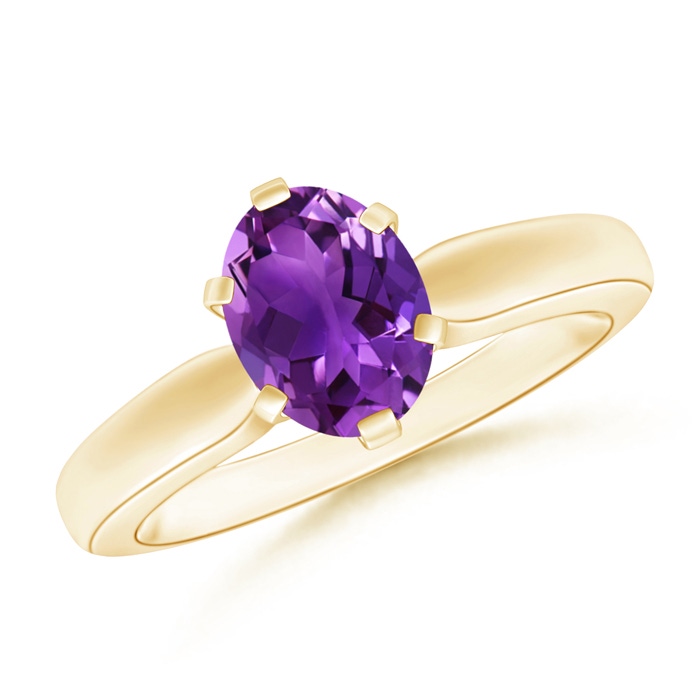 8x6mm AAAA Tapered Shank Oval Solitaire Amethyst Ring in Yellow Gold 
