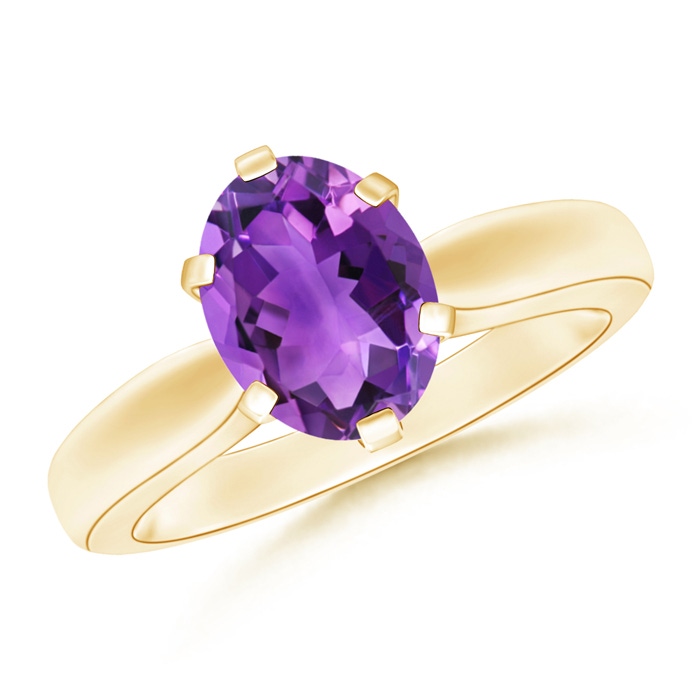 9x7mm AAA Tapered Shank Oval Solitaire Amethyst Ring in Yellow Gold 