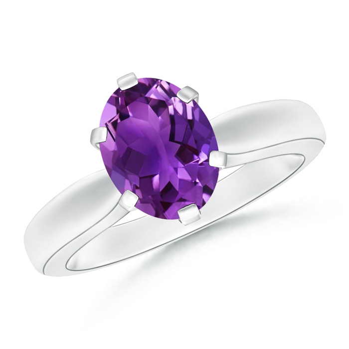 9x7mm AAAA Tapered Shank Oval Solitaire Amethyst Ring in White Gold 