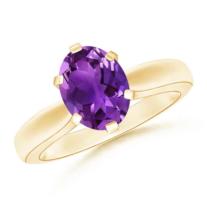 9x7mm AAAA Tapered Shank Oval Solitaire Amethyst Ring in Yellow Gold 