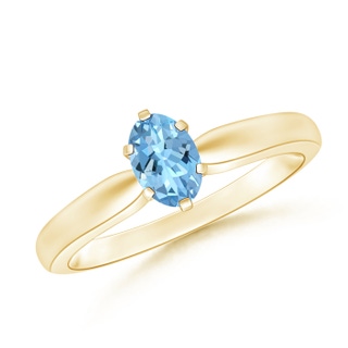 6x4mm AAAA Tapered Shank Oval Solitaire Aquamarine Ring in Yellow Gold
