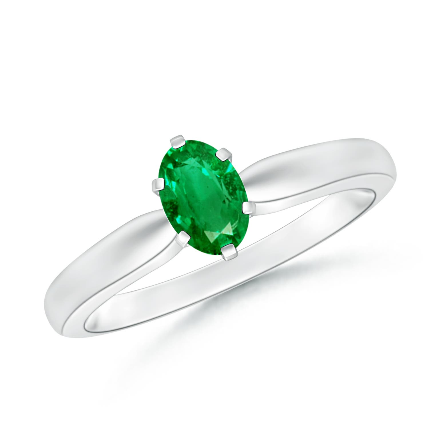 6x4mm AAA Tapered Shank Oval Solitaire Emerald Ring in 18K White Gold