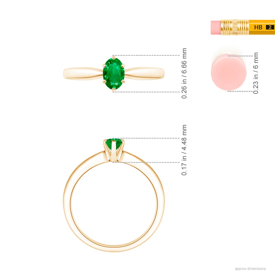 6x4mm AAA Tapered Shank Oval Solitaire Emerald Ring in Yellow Gold ruler