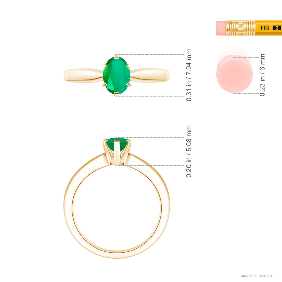 7x5mm A Tapered Shank Oval Solitaire Emerald Ring in Yellow Gold ruler