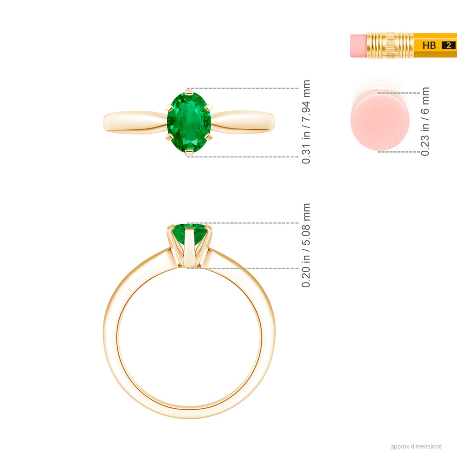 7x5mm AAA Tapered Shank Oval Solitaire Emerald Ring in Yellow Gold ruler