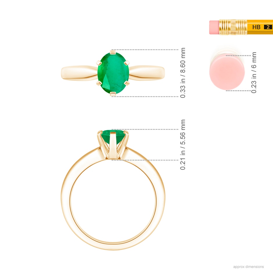 8x6mm A Tapered Shank Oval Solitaire Emerald Ring in Yellow Gold ruler
