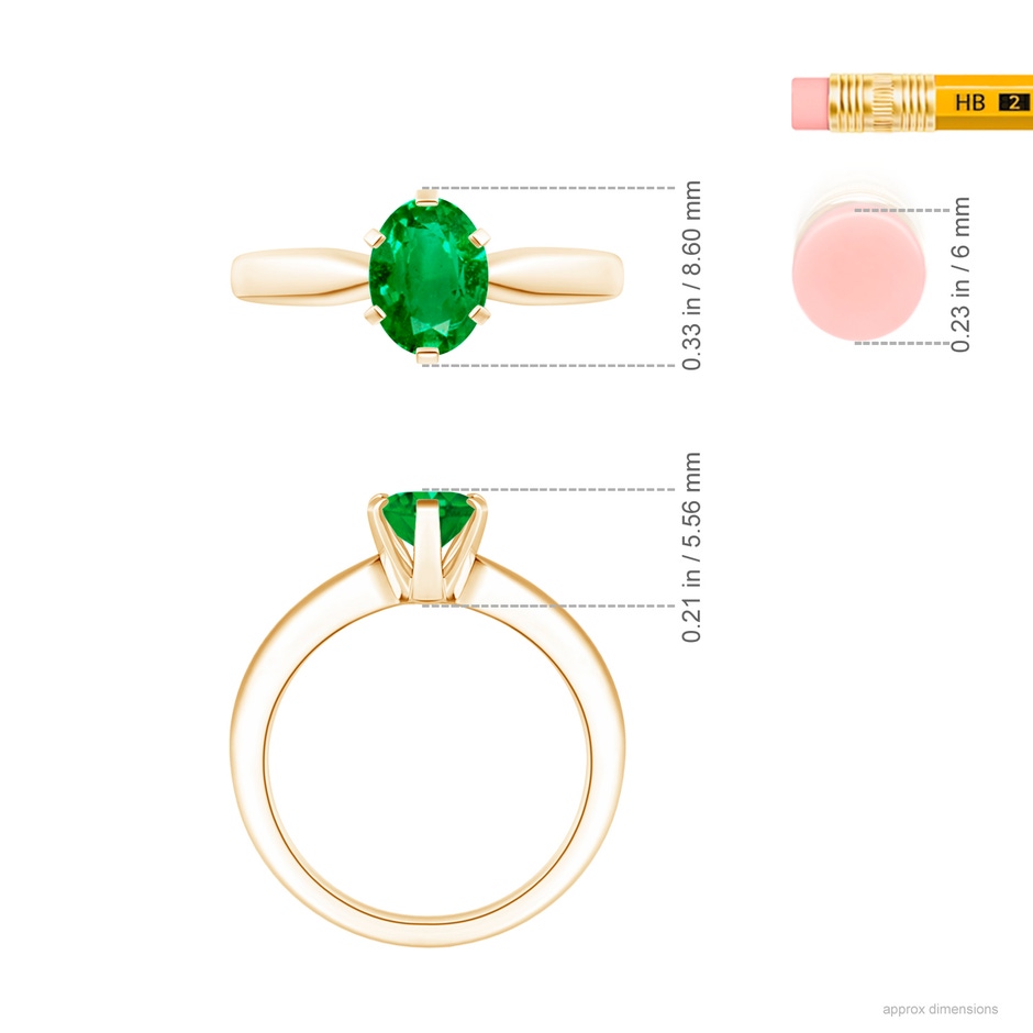 8x6mm AAA Tapered Shank Oval Solitaire Emerald Ring in Yellow Gold ruler