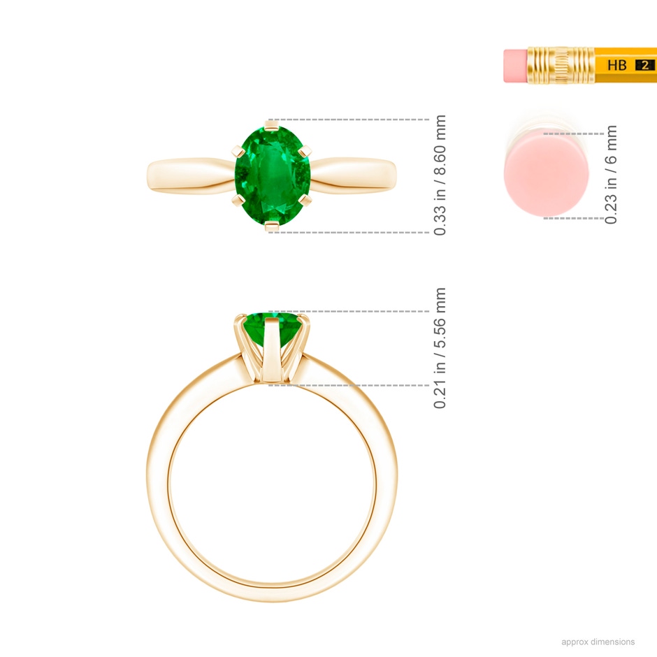 8x6mm AAAA Tapered Shank Oval Solitaire Emerald Ring in Yellow Gold ruler