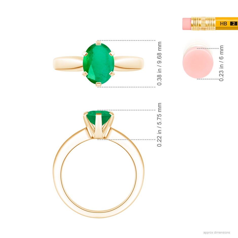 9x7mm A Tapered Shank Oval Solitaire Emerald Ring in Yellow Gold ruler