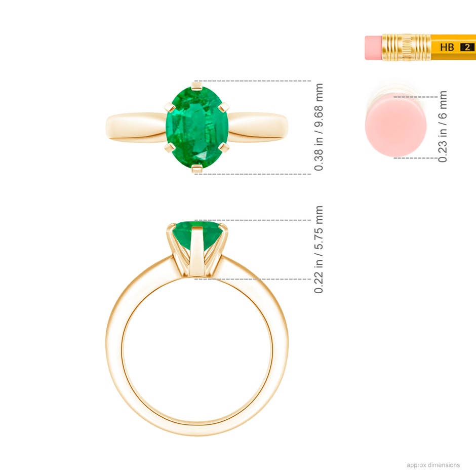 9x7mm AA Tapered Shank Oval Solitaire Emerald Ring in Yellow Gold ruler