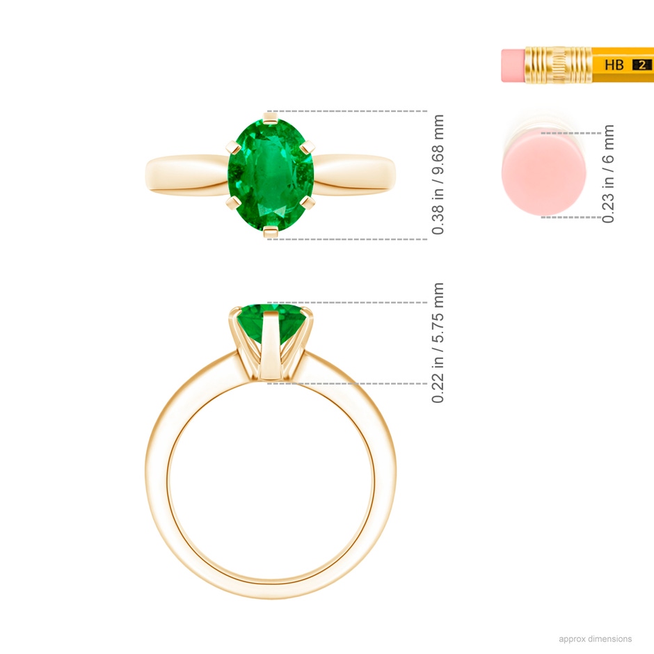 9x7mm AAA Tapered Shank Oval Solitaire Emerald Ring in 18K Yellow Gold ruler