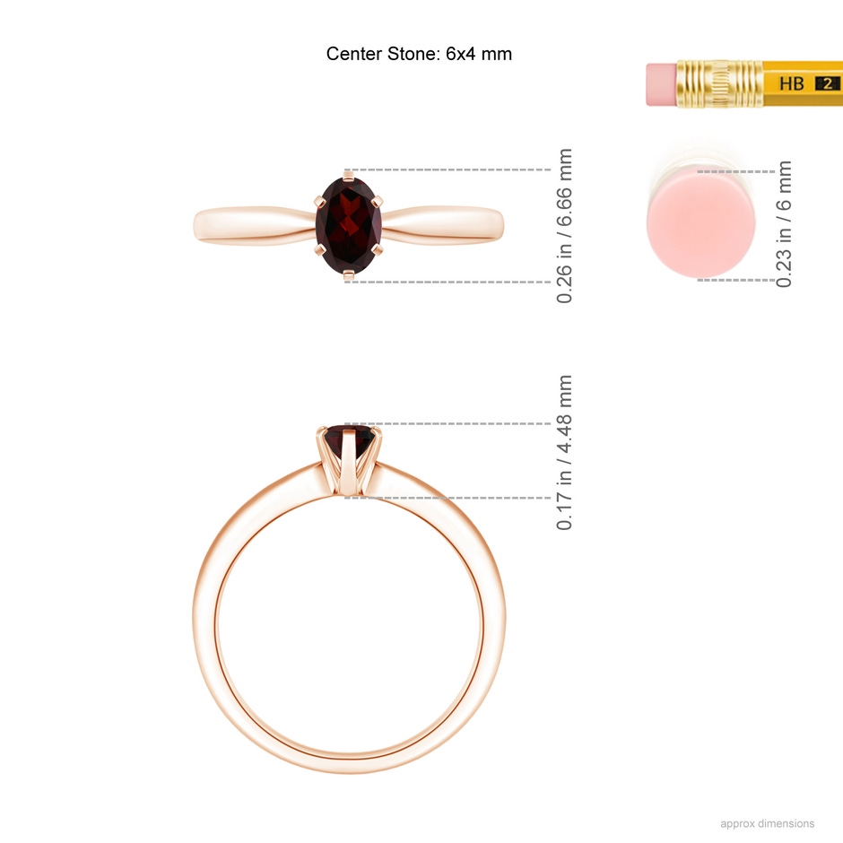 6x4mm A Tapered Shank Oval Solitaire Garnet Ring in Rose Gold ruler