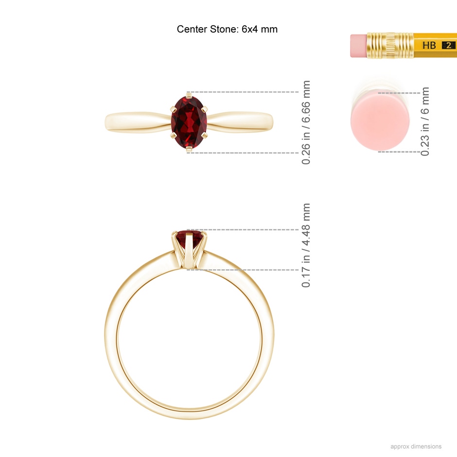 6x4mm AAAA Tapered Shank Oval Solitaire Garnet Ring in Yellow Gold ruler