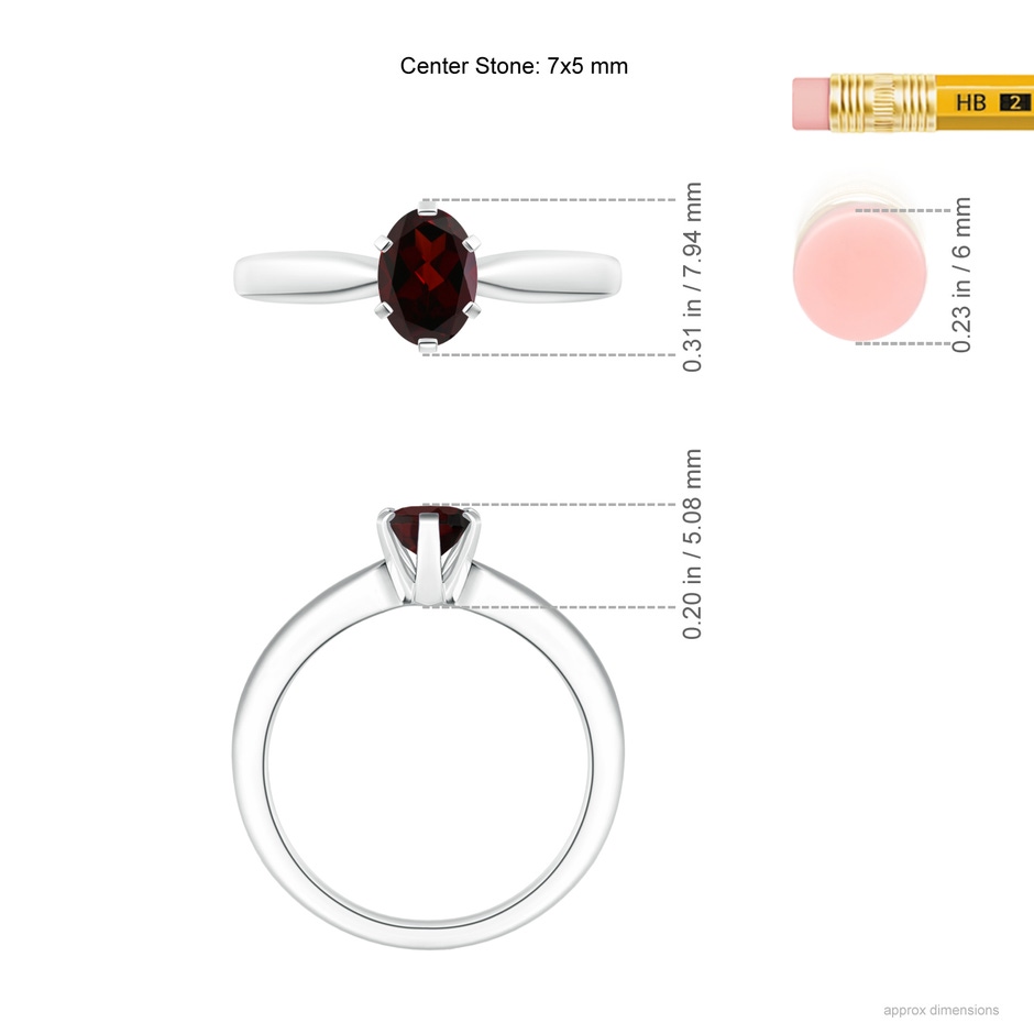 7x5mm A Tapered Shank Oval Solitaire Garnet Ring in White Gold ruler