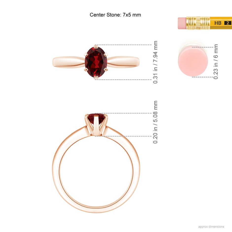 7x5mm AAAA Tapered Shank Oval Solitaire Garnet Ring in Rose Gold ruler