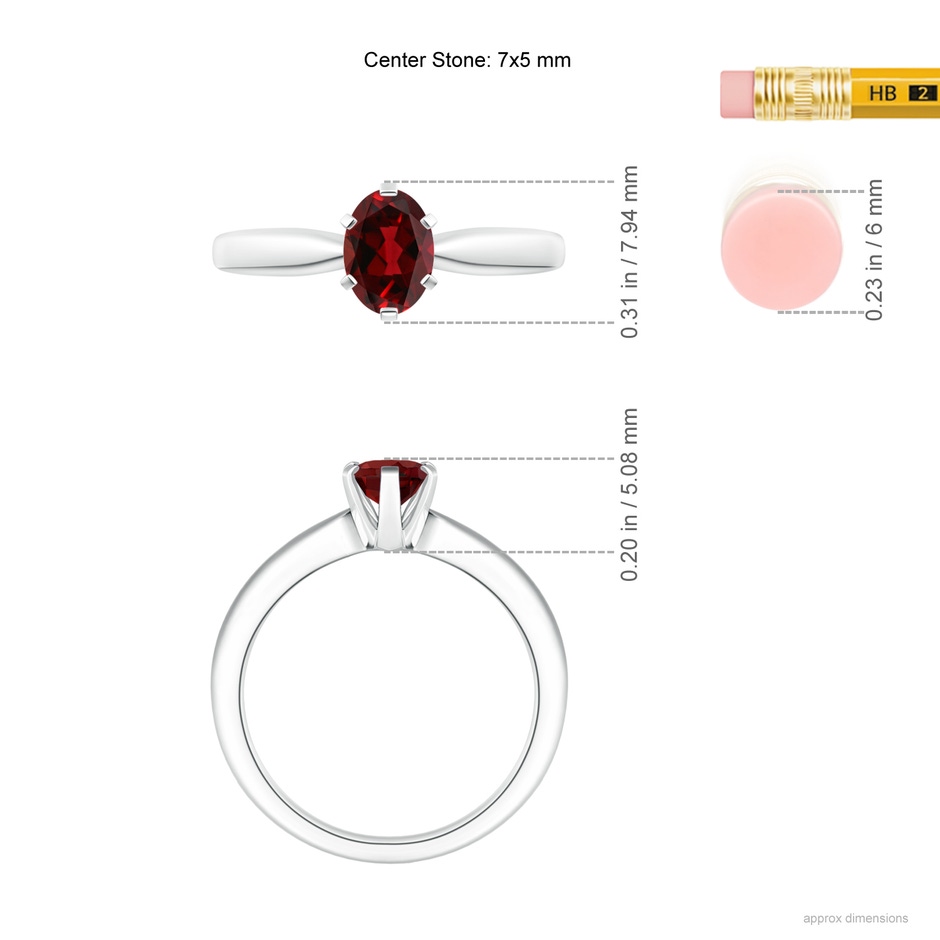 7x5mm AAAA Tapered Shank Oval Solitaire Garnet Ring in White Gold ruler