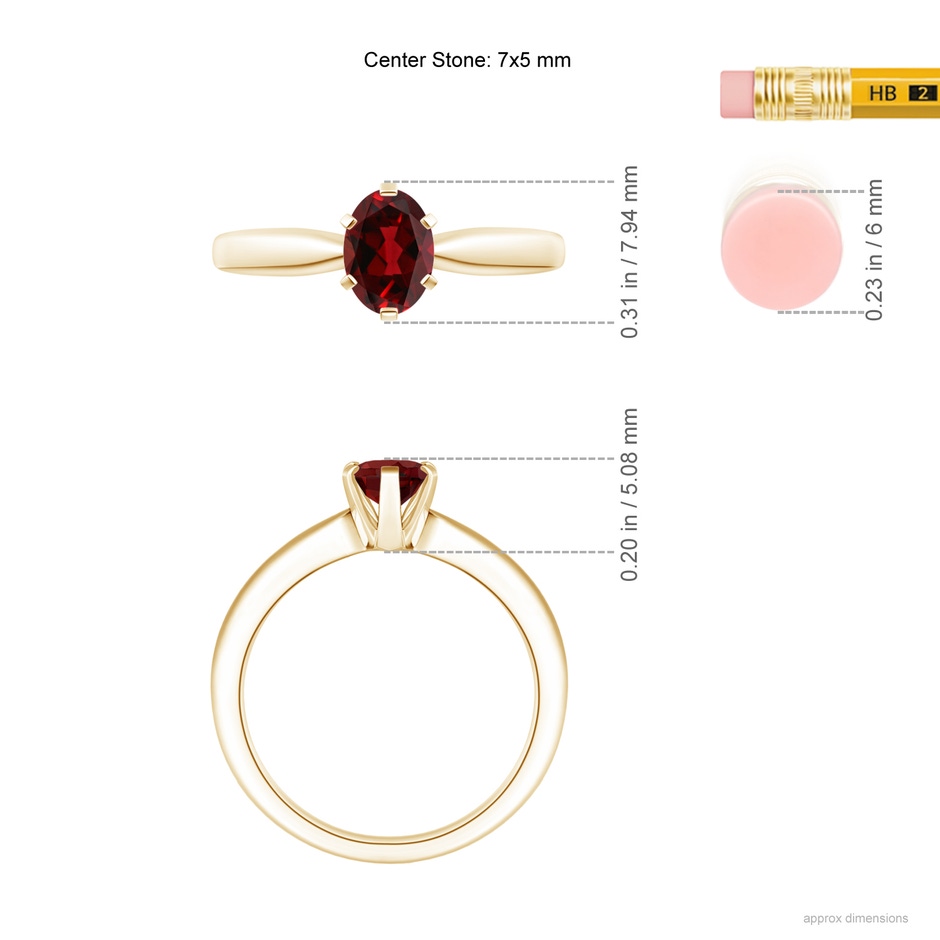 7x5mm AAAA Tapered Shank Oval Solitaire Garnet Ring in Yellow Gold ruler
