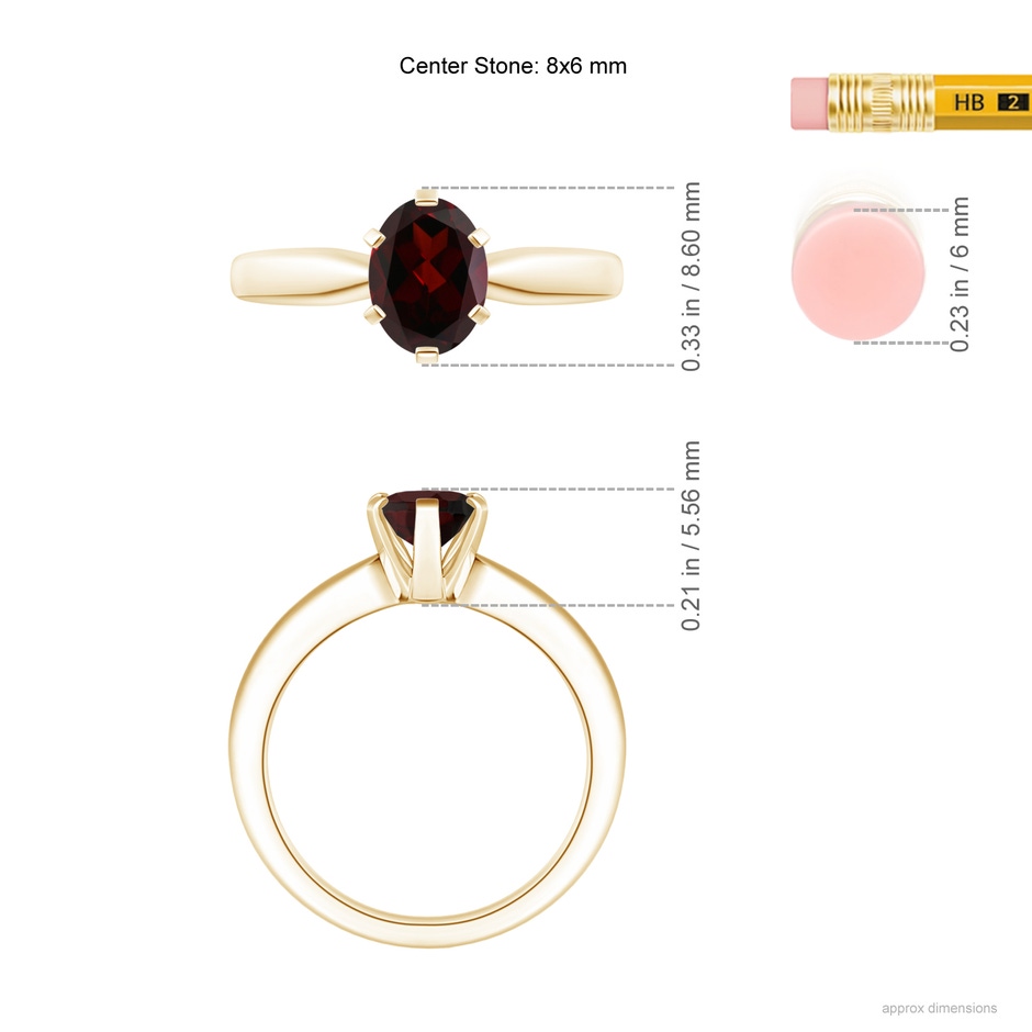 8x6mm A Tapered Shank Oval Solitaire Garnet Ring in Yellow Gold ruler