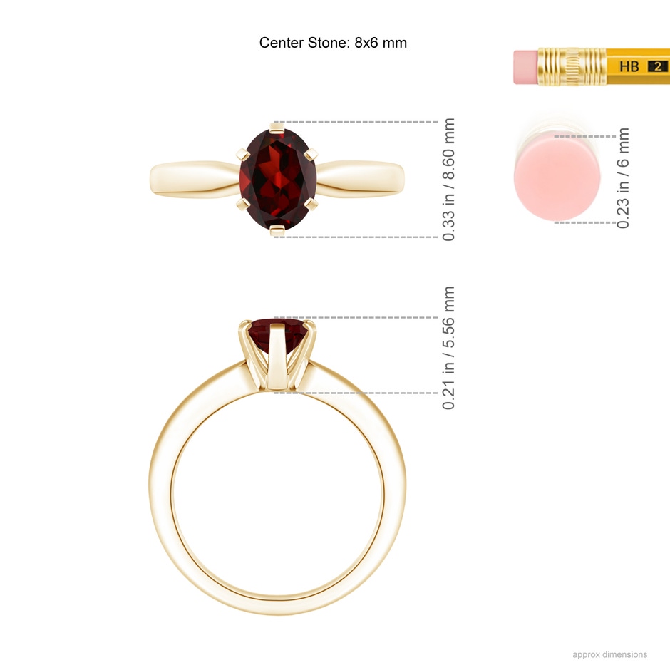 8x6mm AAA Tapered Shank Oval Solitaire Garnet Ring in Yellow Gold ruler