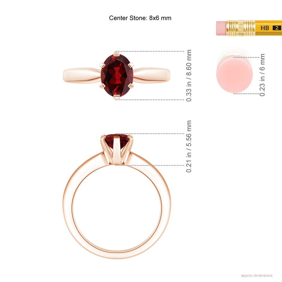 8x6mm AAAA Tapered Shank Oval Solitaire Garnet Ring in Rose Gold ruler