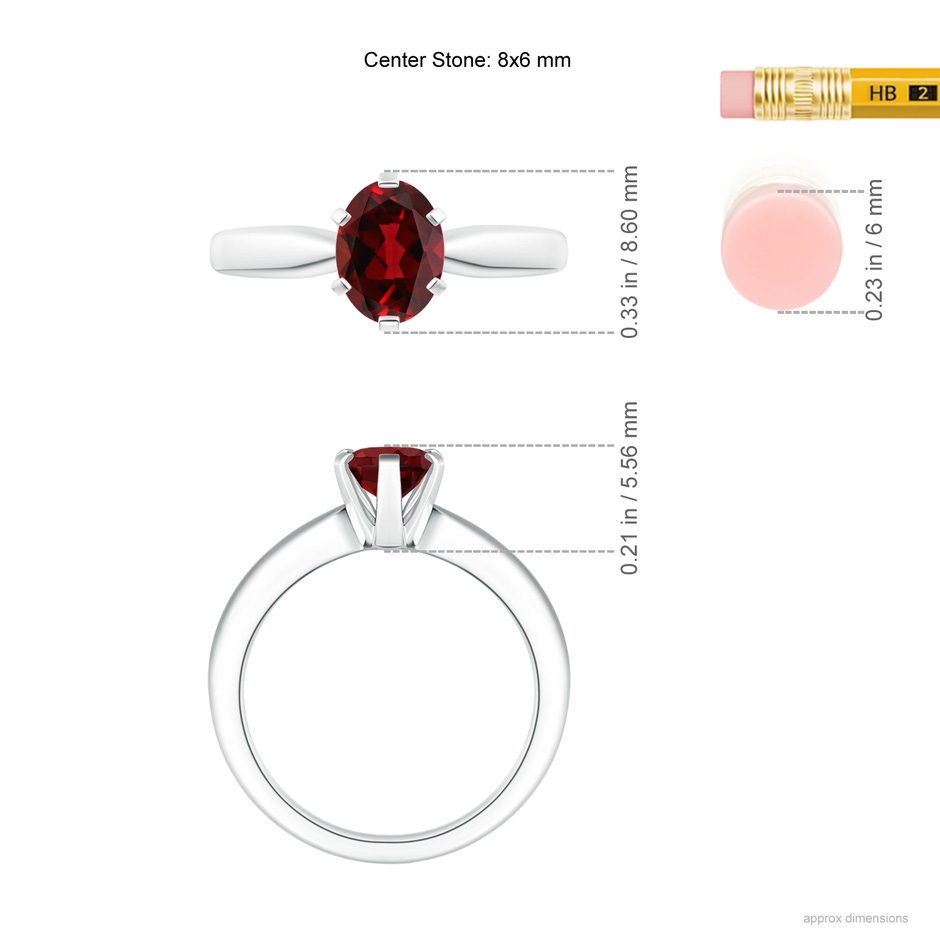 8x6mm AAAA Tapered Shank Oval Solitaire Garnet Ring in White Gold ruler