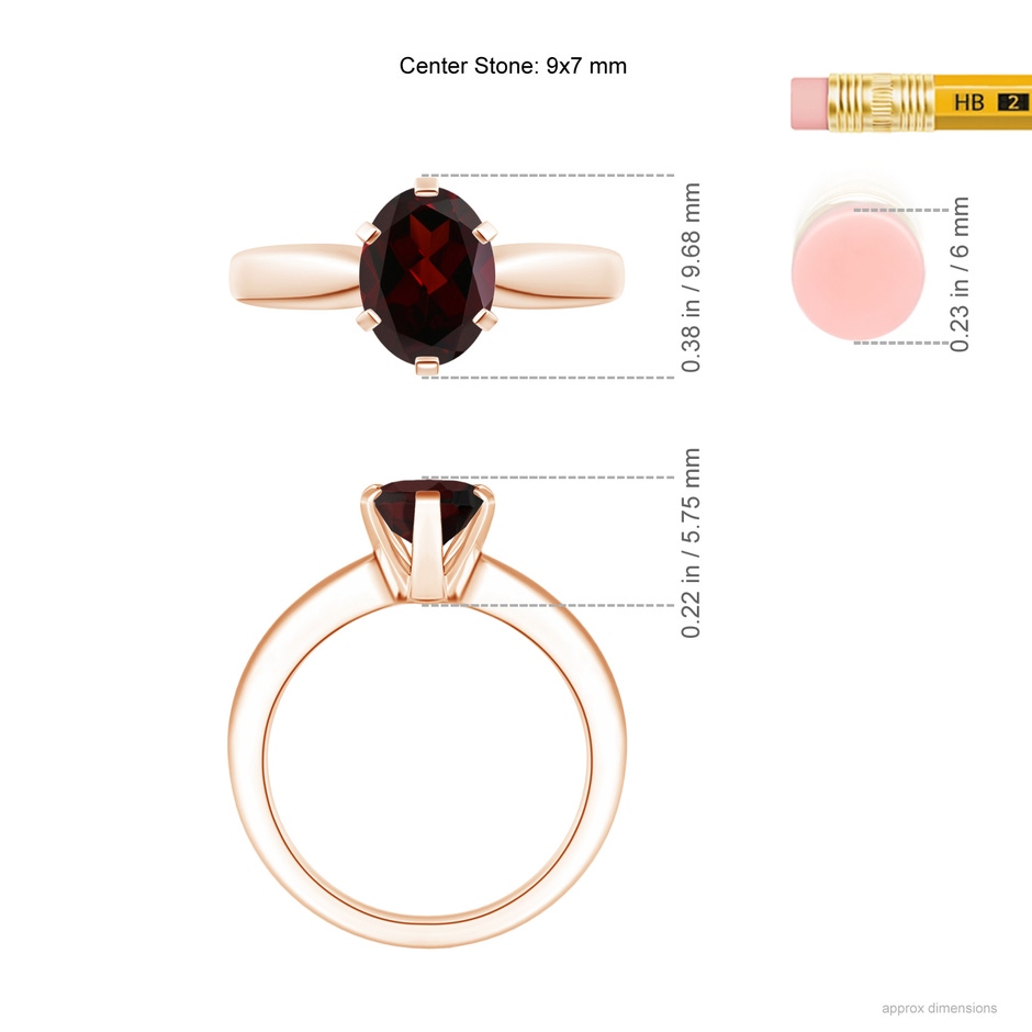9x7mm A Tapered Shank Oval Solitaire Garnet Ring in Rose Gold ruler