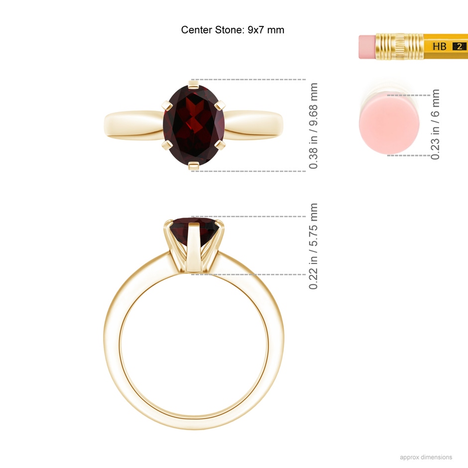 9x7mm A Tapered Shank Oval Solitaire Garnet Ring in Yellow Gold ruler
