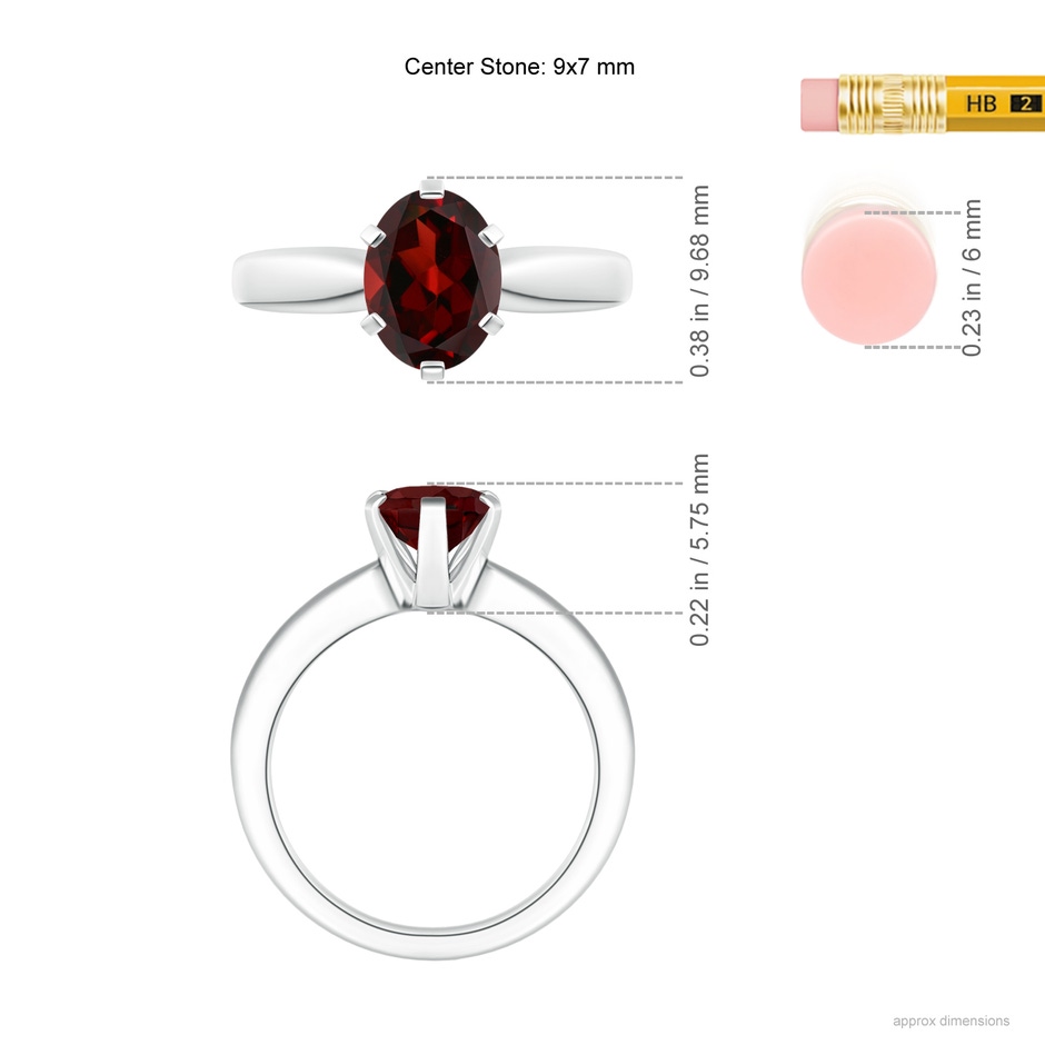9x7mm AAA Tapered Shank Oval Solitaire Garnet Ring in White Gold ruler