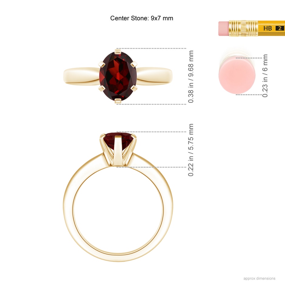 9x7mm AAA Tapered Shank Oval Solitaire Garnet Ring in Yellow Gold ruler
