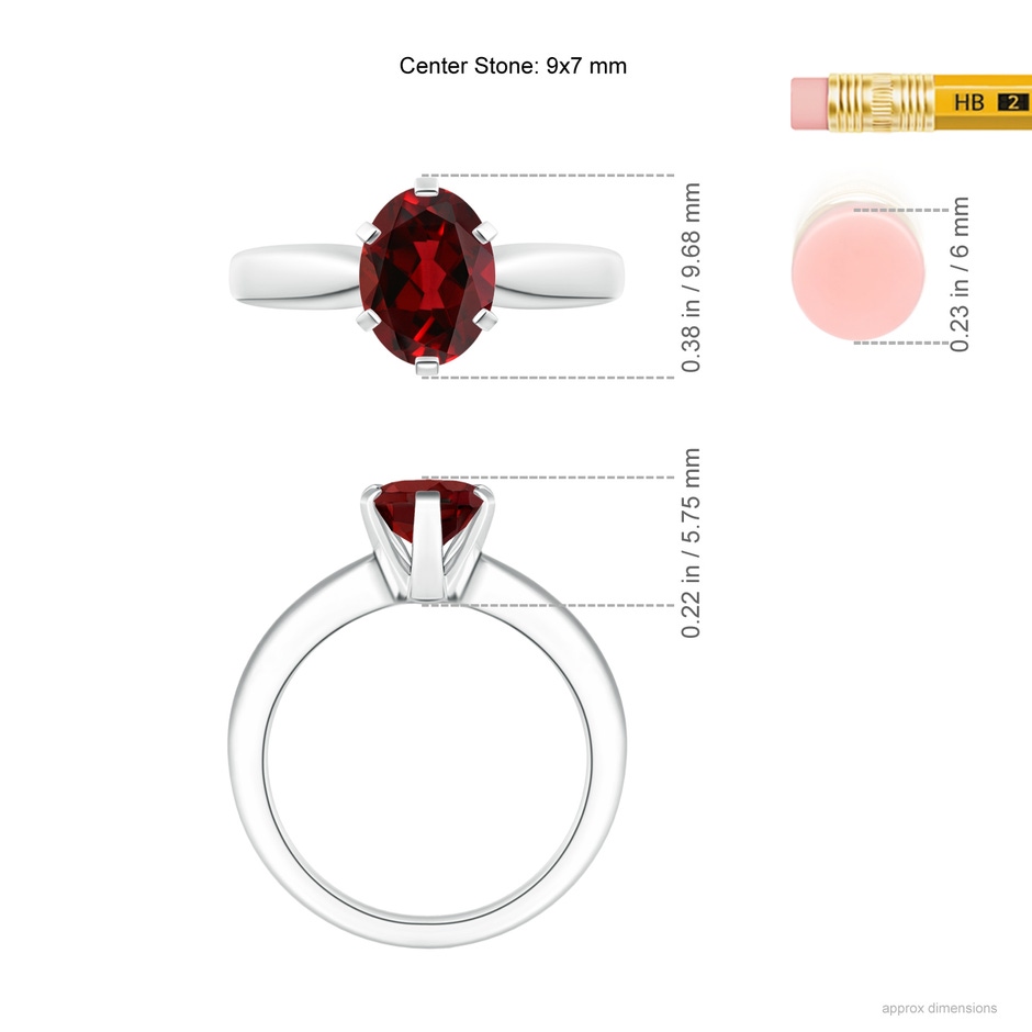 9x7mm AAAA Tapered Shank Oval Solitaire Garnet Ring in White Gold ruler