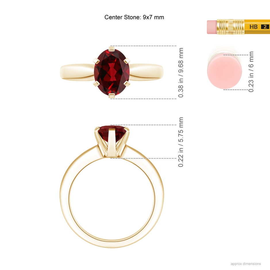 9x7mm AAAA Tapered Shank Oval Solitaire Garnet Ring in Yellow Gold ruler