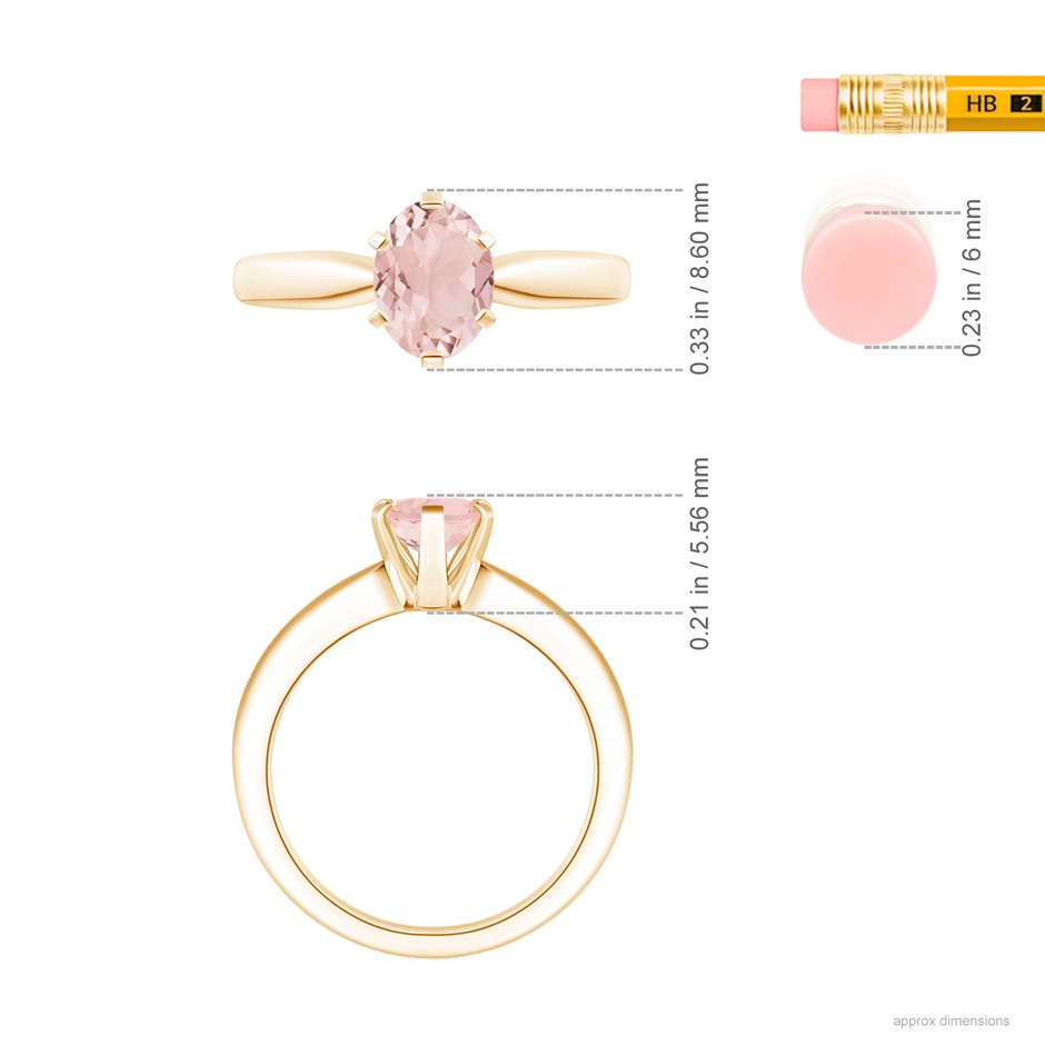 8x6mm A Tapered Shank Oval Solitaire Morganite Ring in Yellow Gold ruler