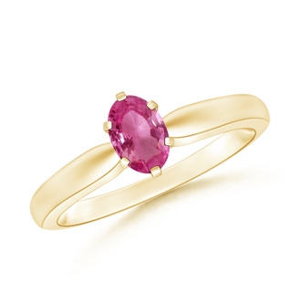 6x4mm AAAA Tapered Shank Oval Solitaire Pink Sapphire Ring in Yellow Gold