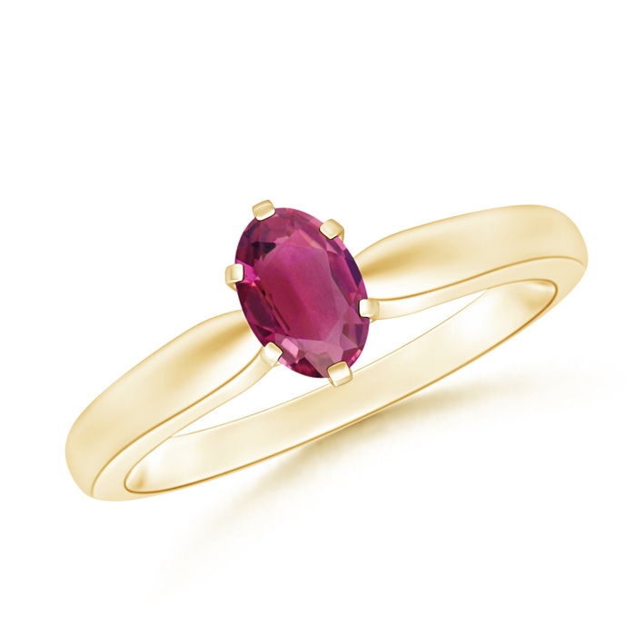 6x4mm AAAA Tapered Shank Oval Solitaire Pink Tourmaline Ring in Yellow Gold