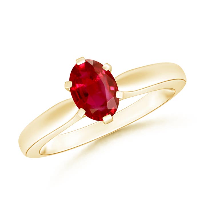 7x5mm AAA Tapered Shank Oval Solitaire Ruby Ring in Yellow Gold